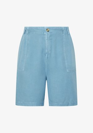 Shorts en coton bleu clair avec une coupe décontractée, dotés de deux poches avant et d'une fermeture à bouton unique à la taille.