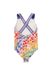 Bloemendaal badpak met meerkleurige bloemen, kruisbandontwerp en blauwe banden. Glad stof met levendige oranje, paarse en gele accenten.