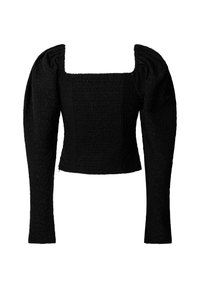 Top nero con maniche a sbuffo e scollatura quadrata, caratterizzato da un tessuto testurizzato e dettagli smock sul corpetto. Maniche lunghe e aderenti.