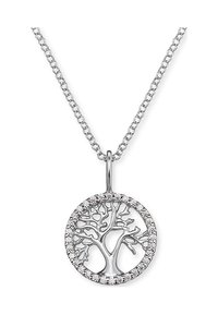 Pendente in argento a forma di albero della vita all'interno di una cornice circolare, decorato con piccole pietre trasparenti. Presenta una delicata catena con un design a maglia testurizzata.