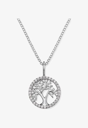 Silberner Lebensbaum-Anhänger in einem runden Rahmen, verziert mit kleinen klaren Steinen. Verfügt über eine zarte Kette mit einem strukturierten Glieddesign.