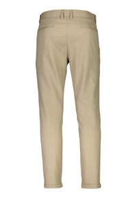 Pantaloni a quadri beige con vestibilità sartoriale, due tasche posteriori, passanti per cintura e gamba affusolata con orli arrotolati.