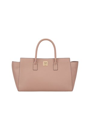 Sac en cuir rose clair avec une forme structurée, deux anses et un accent en métal doré au centre. Texture lisse avec des détails de couture.