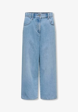 Vaaleansiniset leveälahkeiset farkut, joissa edessä napit ja vetoketju, etutaskut ja vyölenkit.