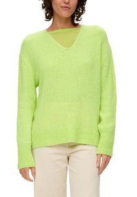 Hellgrüner, gestrickter Pullover mit V-Ausschnitt, gerippten Bündchen und Saum. Verfügt über eine lockere Passform und eine weiche Textur. Wird über einer passenden inneren Schicht getragen.