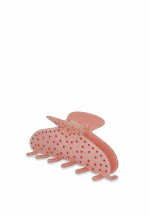 Clip per capelli di colore rosa con finitura semitrasparente, dotato di accenti testurizzati e piccole perline rosse e dorate sparse sulla sua superficie.