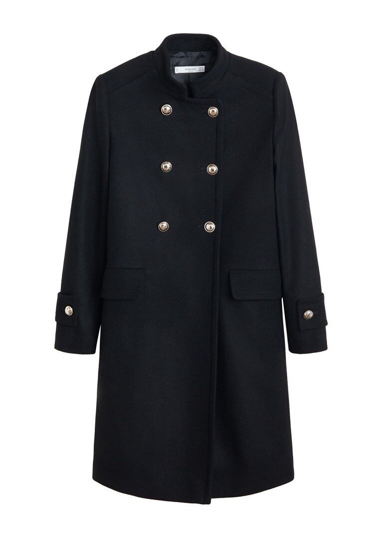 Sort uldfrakke med dobbeltradet design, guldknapdetaljer, høj krave og sidelommer. Flad, skræddersyet silhuet.