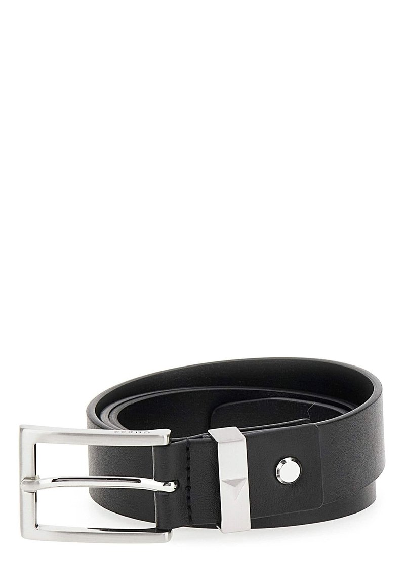 Cintura in pelle nera con fibbia in metallo argento dal design rettangolare e un accento prominente vicino alla fibbia. Texture piatta e liscia.