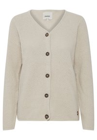 Kardigan z dzianiny w kolorze kości słoniowej, z dekoltem w serek, długimi rękawami oraz sześcioma ciemnobrązowymi guzikami z przodu. Charakterystyczna tekstura i luźny krój.
