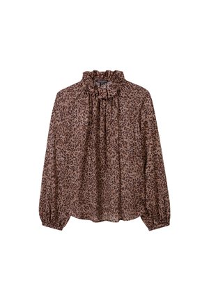 Langärmlige Bluse mit einem braun-schwarzen Leopardenmuster, versehen mit einem hohen, gerafften Ausschnitt und gerafften Manschetten. Leichter Stoff mit fließendem Design.