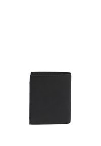 Cartera de cuero negro con un diseño simple y rectangular. Presenta una textura suave y bordes cosidos, compacta y minimalista en estilo.
