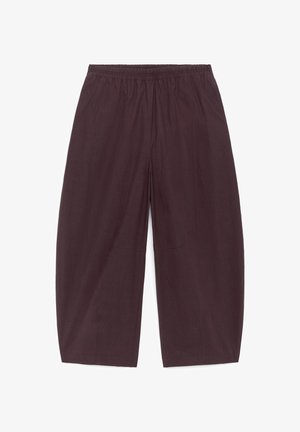 Wide-leg, dark brown pants with elastic waistband and loose fit, displayed flat on white background.