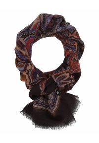 Sciarpa circolare con un motivo paisley in colori caldi su uno sfondo scuro, realizzata in tessuto leggero con bordi frangiati.