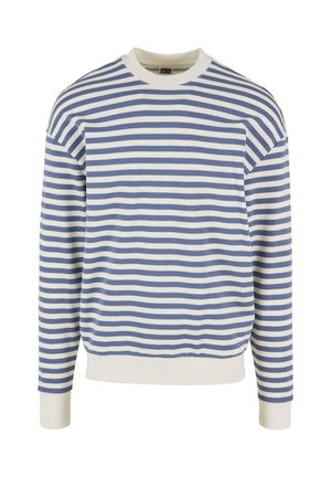 Stripet genser med veksling mellom blå og hvite horisontale striper, rund hals, ribbede mansjetter og kant, laget av mykt, elastisk bomullsstoff.