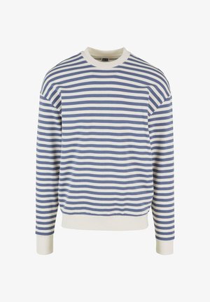 Stripet genser med veksling mellom blå og hvite horisontale striper, rund hals, ribbede mansjetter og kant, laget av mykt, elastisk bomullsstoff.