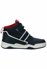 Navy High-Top Sneaker mit roten Akzenten, weißen Streifen und strukturiertem Stoff. Verfügt über einen Klettverschluss und eine Gummisohle für besseren Halt.