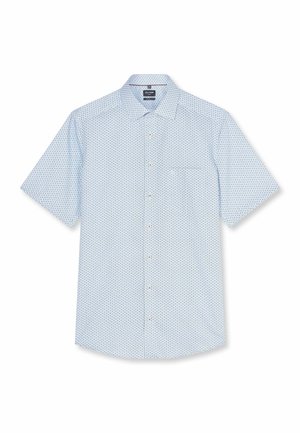 Herren-Kurzarmhemd mit Knopfleiste aus hellblauem Stoff mit kleinem dunkelblauem geometrischem Muster, Klappkragen und Brusttasche.