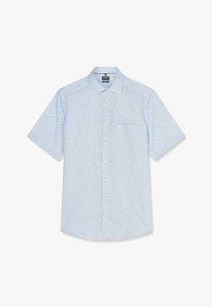 Herren-Kurzarmhemd mit Knopfleiste aus hellblauem Stoff mit kleinem dunkelblauem geometrischem Muster, Klappkragen und Brusttasche.