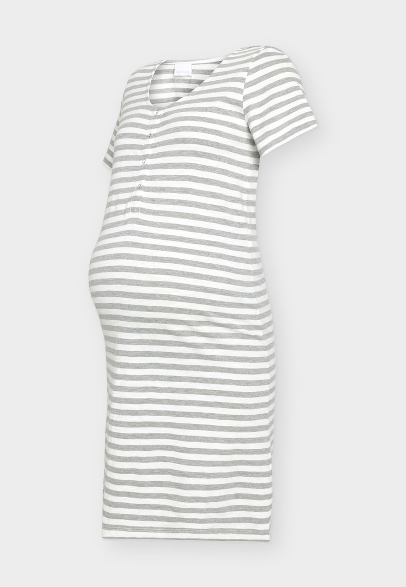 Γκρι και λευκό οριζόντιες ριγέ εγκυμονούσα φόρεμα με κοντά μανίκια και κουμπιά μπροστά, σχεδιασμένο για έγκυο σιλουέτα.