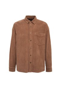 Braunes Cordhemd mit Kragen, langen Ärmeln, einer Brusttasche und Knopfleiste, das ein strukturiertes Rippmuster aufweist.