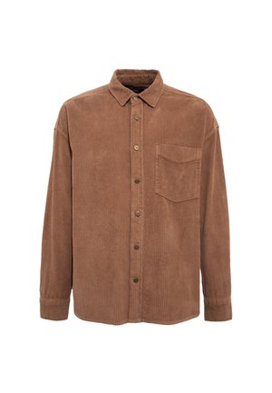Braunes Cordhemd mit Kragen, langen Ärmeln, einer Brusttasche und Knopfleiste, das ein strukturiertes Rippmuster aufweist.