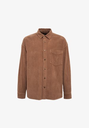Brown corduroy shirt with a collared neck, long sleeves, a chest pocket, and button front, featuring a textured ribbed pattern.