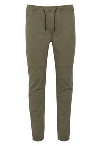 Olive green jogger pants made from soft fabric with a drawstring waist, tapered legs, and side pockets featuring subtle seam detailing.