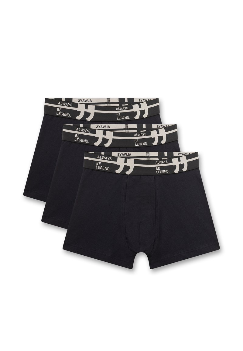 Zwarte katoenen boxershorts met elastische tailleband, voorzien van een grijs, bedrukte logoontwerp. Drie paar gestapeld in een rij met een standaard snit.