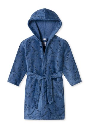Blauer, mit einer Kapuze ausgestatteter Bademantel aus weichem Material mit schwarzen Palmenmustern. Er hat lange Ärmel und einen passenden Stoffgürtel.