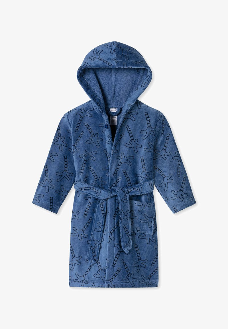 Niebieski szlafrok z kapturem wykonany z miękkiego materiału, z wzorem palmy w kolorze czarnym. Posiada długie rękawy oraz pasujący pasek z tego samego materiału.