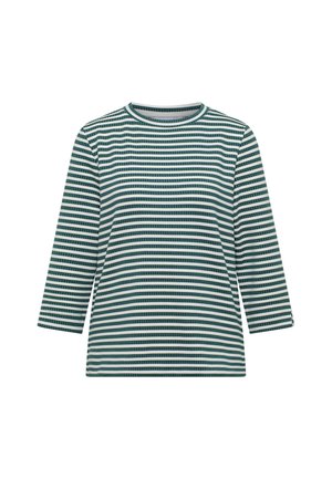 Zielona i biała, w poziome paski, bluzka z długim rękawem i okrągłym dekoltem, z poziomymi paskami o różnych szerokościach i teksturowanym materiałem.