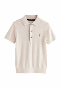 Polo tričko s krátkým rukávem v jemné růžové pletenině, s límečkem, tříknoflíkovou légou a diskrétně vyšitým logem na hrudi.