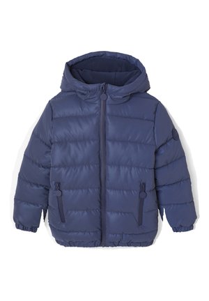 Navy blue padded children's jacket with hood, front zipper, two zippered pockets, and elastic cuffs.