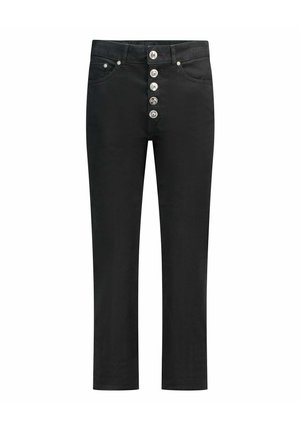 Jeans neri con una vestibilità alta, chiusura a cinque bottoni, due tasche frontali e una texture di tessuto liscia e resistente.