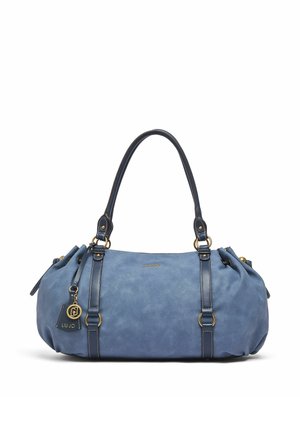 Modra usnjena torbica z dvema naramnima trakoma, kovinskimi dodatki v zlati barvi, obeskom z logotipom in subtilnim blagovnim znamenjem spredaj.