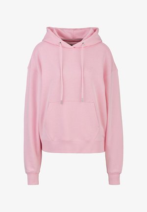 Zachtroze hoodie met lange mouwen, kangoeroezak en een trekkoord. Gemaakt van een zachte stof met een relaxte pasvorm en geborduurde logodetail.