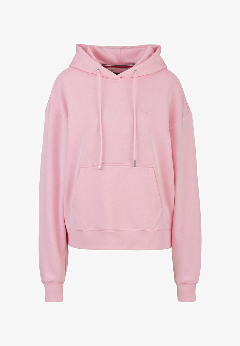 Zachtroze hoodie met lange mouwen, kangoeroezak en een trekkoord. Gemaakt van een zachte stof met een relaxte pasvorm en geborduurde logodetail.