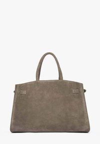 Grijze suède handtas met een rechthoekige vorm, twee bovenhandvatten en een minimalistisch ontwerp. Heeft een gladde textuur en geen zichtbare metalen onderdelen.