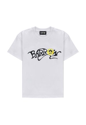 T-shirt bianca a maniche corte con scritta "BARROW" stilizzata in nero e una faccina sorridente gialla con zanne sul petto.