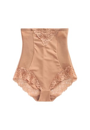 Hooggetailleerde nude shapewear-slip met kanten afwerking langs de taille en beenopeningen, ontworpen voor buikcontrole.