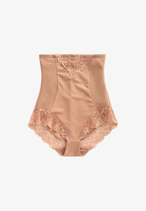 Hooggetailleerde nude shapewear-slip met kanten afwerking langs de taille en beenopeningen, ontworpen voor buikcontrole.
