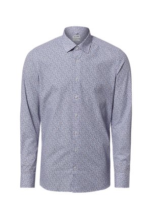 Herrenhemd mit langen Ärmeln, Knopfleiste, kleinem blauem Blumenmuster, spitzem Kragen und weißen Knöpfen, auf weißem Hintergrund dargestellt.