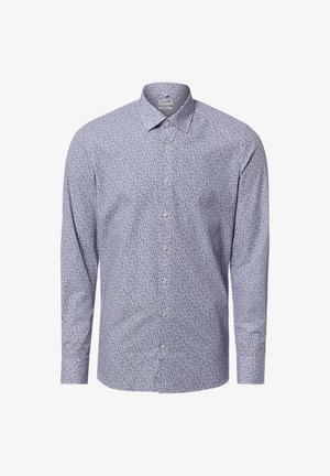 Herrenhemd mit langen Ärmeln, Knopfleiste, kleinem blauem Blumenmuster, spitzem Kragen und weißen Knöpfen, auf weißem Hintergrund dargestellt.