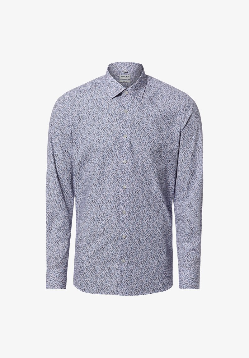 Herrenhemd mit langen Ärmeln, Knopfleiste, kleinem blauem Blumenmuster, spitzem Kragen und weißen Knöpfen, auf weißem Hintergrund dargestellt.