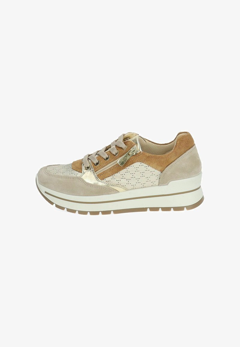 Lace-up sneaker in beige and light brown suede with metallic accents. Features perforated patterns and a thick white rubber sole.