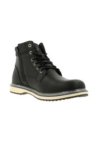 Bottine en cuir noir avec lacets, fermeture éclair latérale, col rembourré et semelle beige à couture blanche avec semelle texturée.