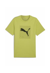 Camiseta de algodón verde lima de manga corta, con un patrón de cuadrícula negra y un logo central de Puma en negro.