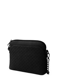 Black quilted crossbody bag made of textured synthetic material, featuring a top zip closure and a decorative chain strap.