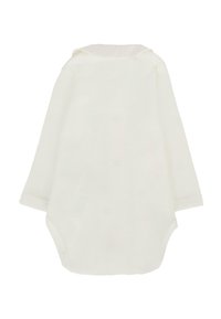 Lekkiedki, długorękawowy body dla niemowląt z miękkiej, białej tkaniny, z kapturem i zaokrąglonym dołem dla ciasnego dopasowania.