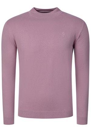 Pull lavande à manches longues avec encolure ronde côtelée, poignets et bas, avec un petit logo discret sur la poitrine gauche.